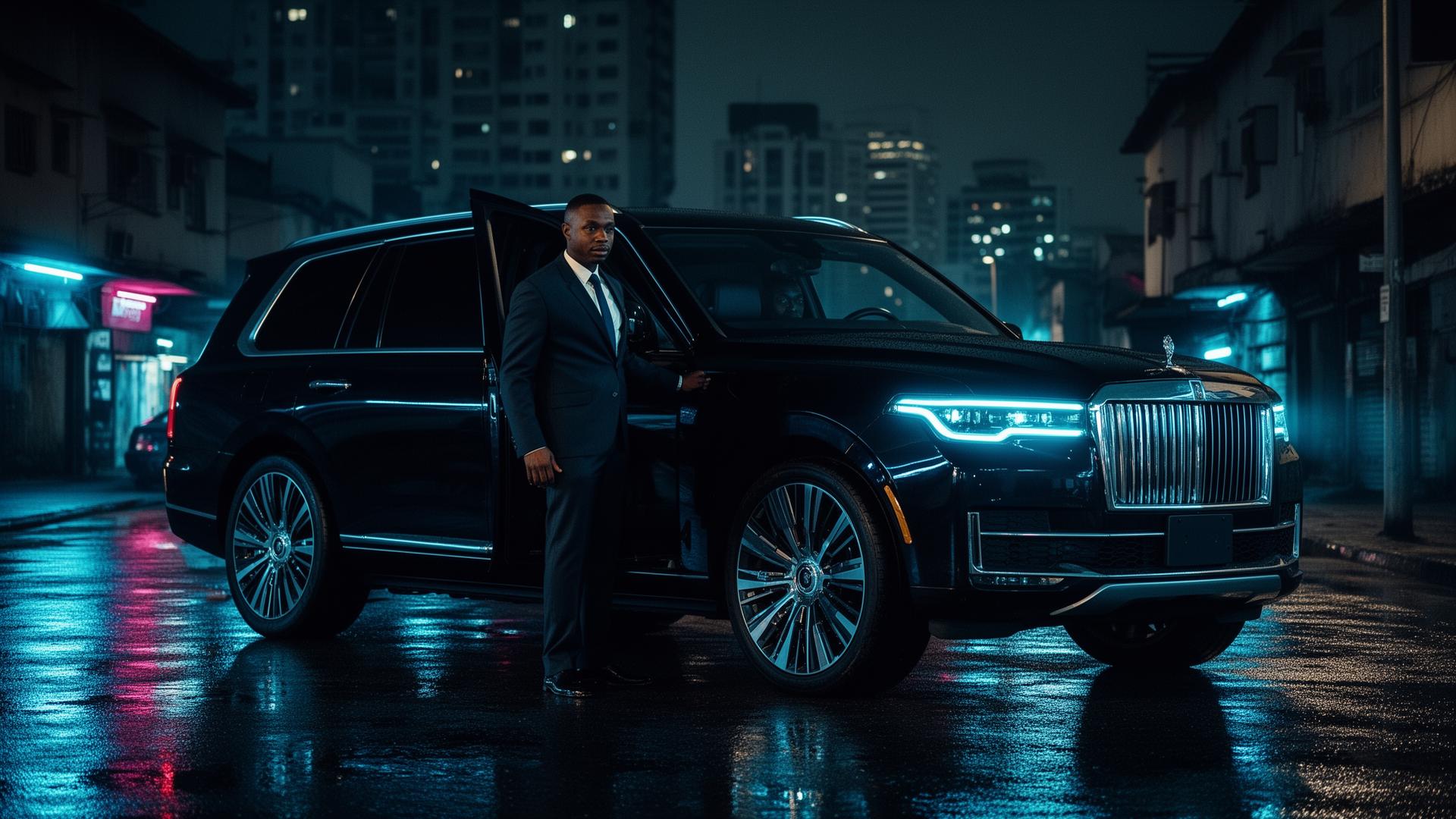 Luxury SUV with professional driver in Lagos at night